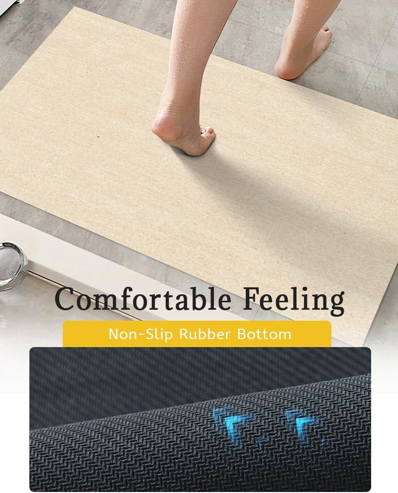 Mecko Bath Mat, Ultra Absorbent Quick Dry Bathroom Floor Mats-Rubber Non-Slip Thin Bathroom Rug Fit Under Door, Faux Suede Surface Shower Rug for Bathtub, Sink, Shower Room(Beige,20"x32")