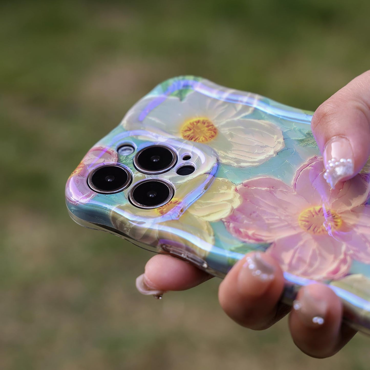 Mouzor Cute Case Compatible With Iphone 16 Pro Max, Colorful Retro Oil Painting Printed Flowers Case, Floral Laser Beam Glossy P