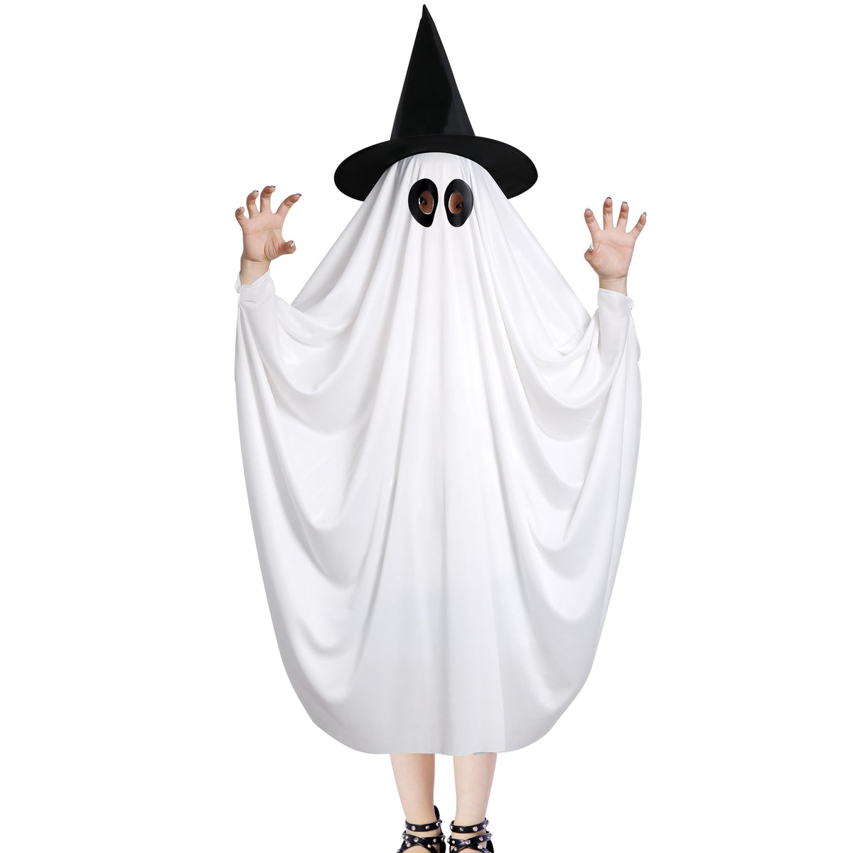 PURPLE STAR 1N Halloween Ghost Costume for Kids Adult- White Ghost Cloak Costume with Witch Hat- Spooky Halloween Ghost Costumes Fancy Dress Cosplay for Party Trick-or-Treating (Small)