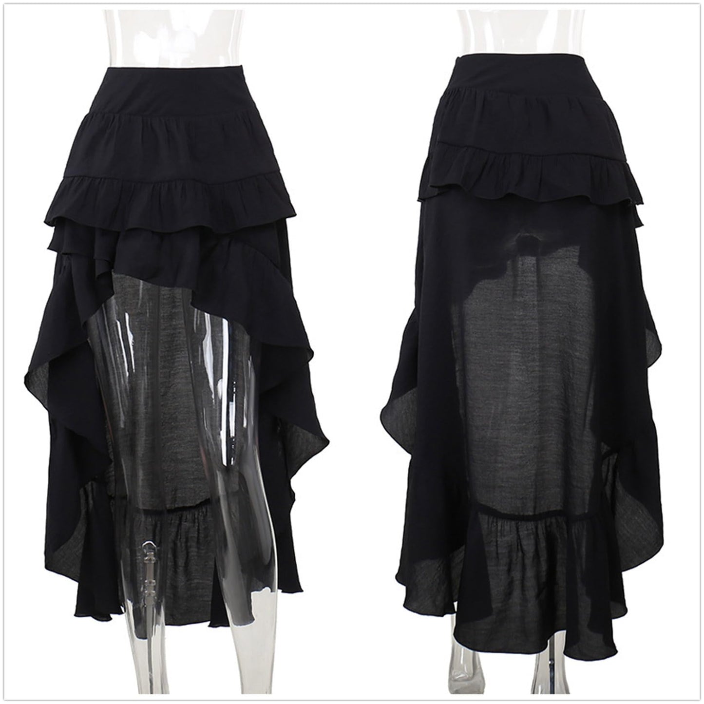 Twfsgirl Goth Long Maxi Skirts Women Y2k Black High Low Punk Emo Ruffle Tiered