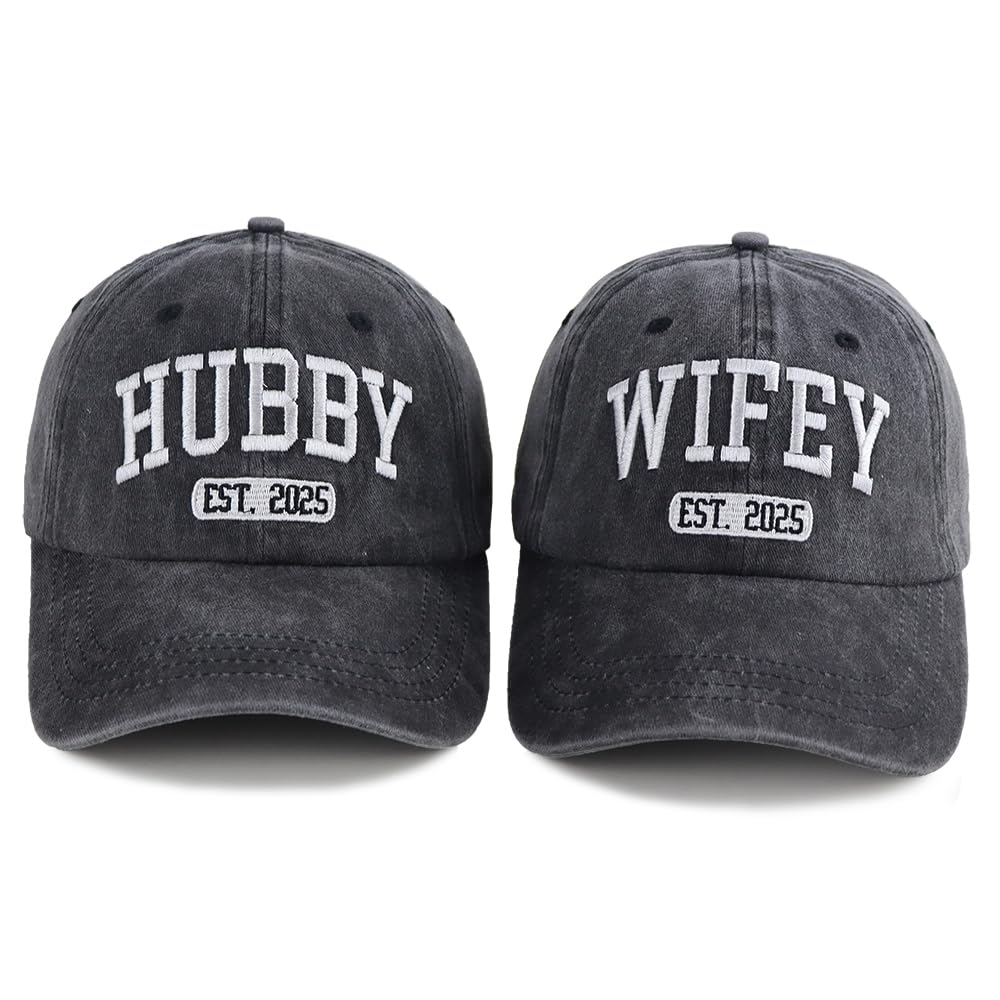 2 Pack Hubby Wifey Hats 2025, Couples Gifts for Bridal Shower Anniversary Honeymoon Engagement, Wedding for Him Her Wife Husband Mr Mrs Baseball Caps Black