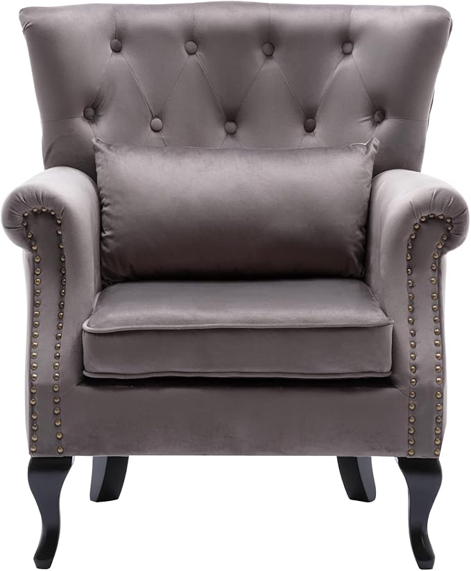 chairus Mid-Century Modern Accent Chair Comfy Tufted Single Sofa Chair Wingback Armchair with Pillow for Club, Living Room, Bedroom - Velvet, Grey