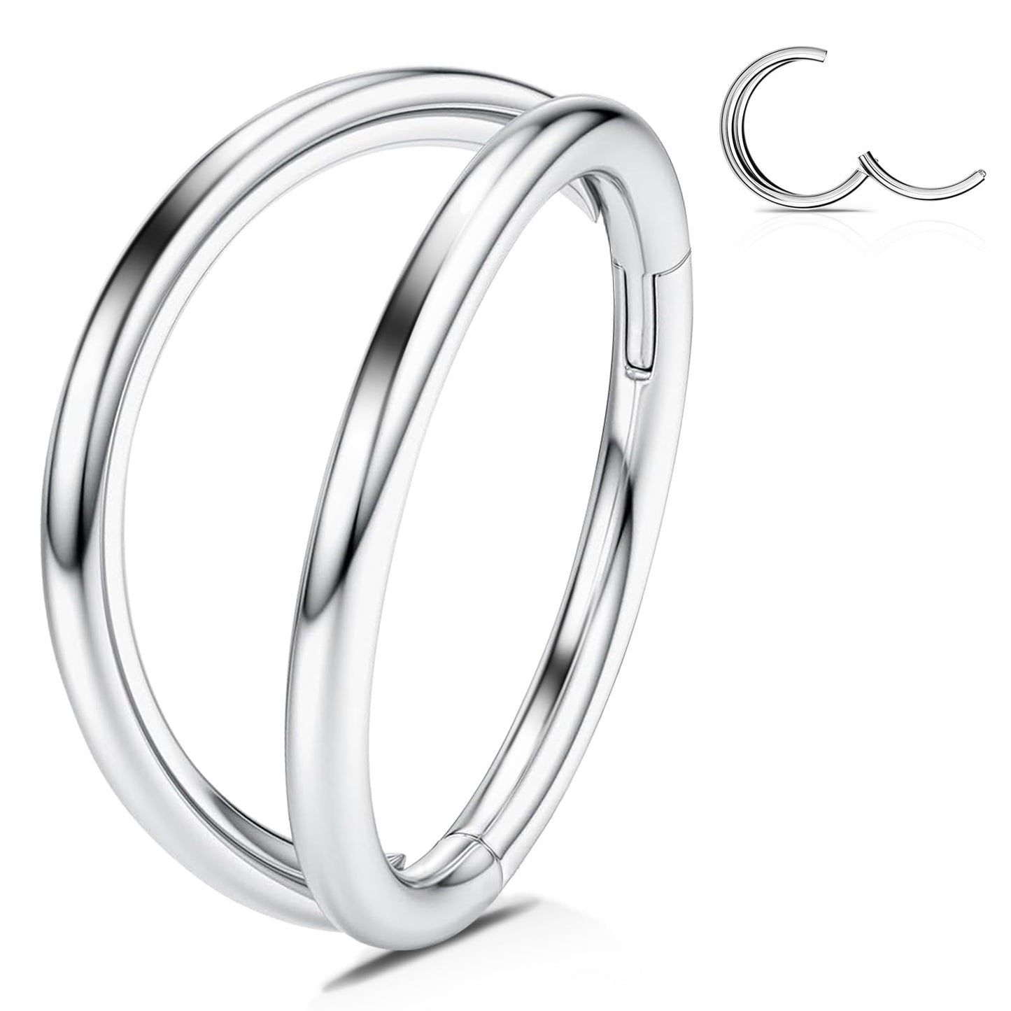 WBRWP Nose Ring Lip Rings Septum-Clicker : Double Ring Open Stacked Silver Ring 16G 8mm 316L Surgical Steel Sleeper Earring Heli