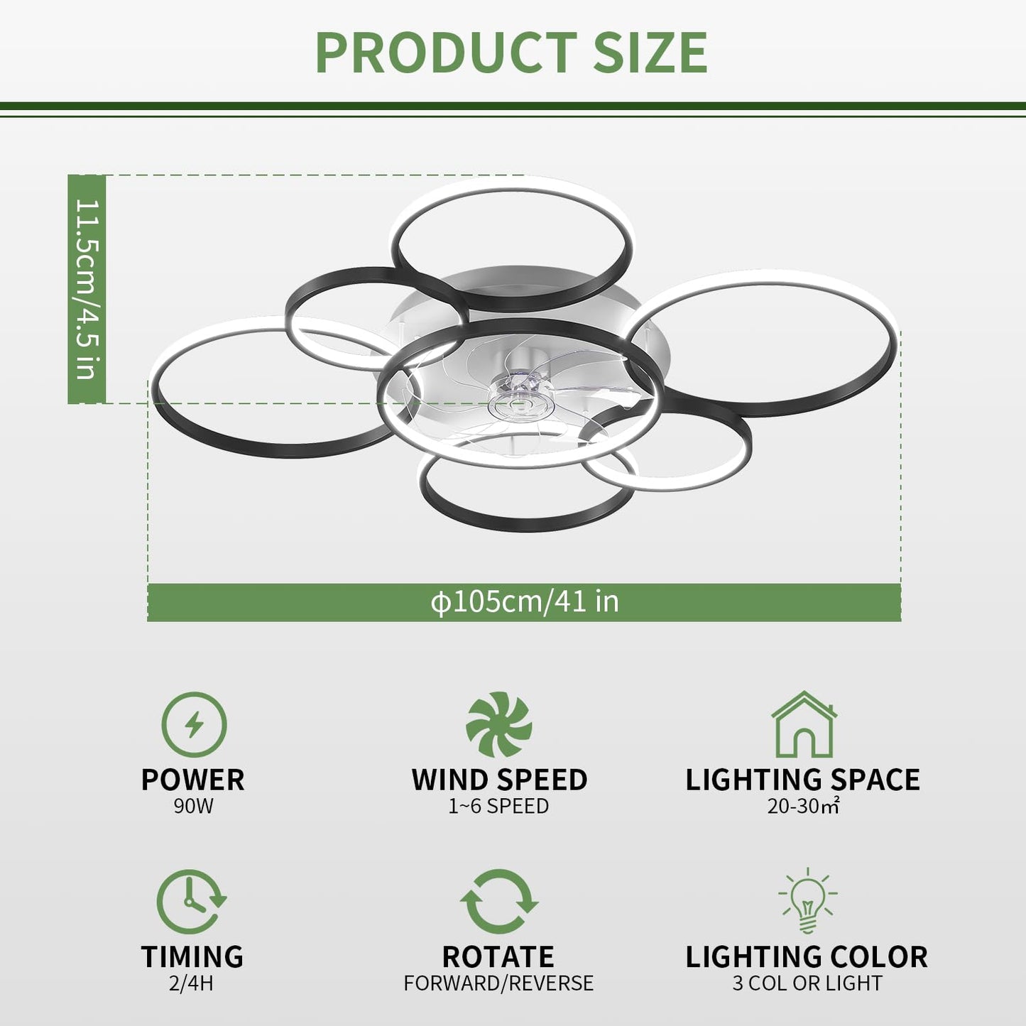 AVLRM 41" Modern Ceiling Fan with Lights, Flush Mount Ceiling Fan with Tri-Color Light 6-Speed Wind, Low Profile Ceiling Fans with Led Light and Remote Control for Living Room Bedroom Dining Room