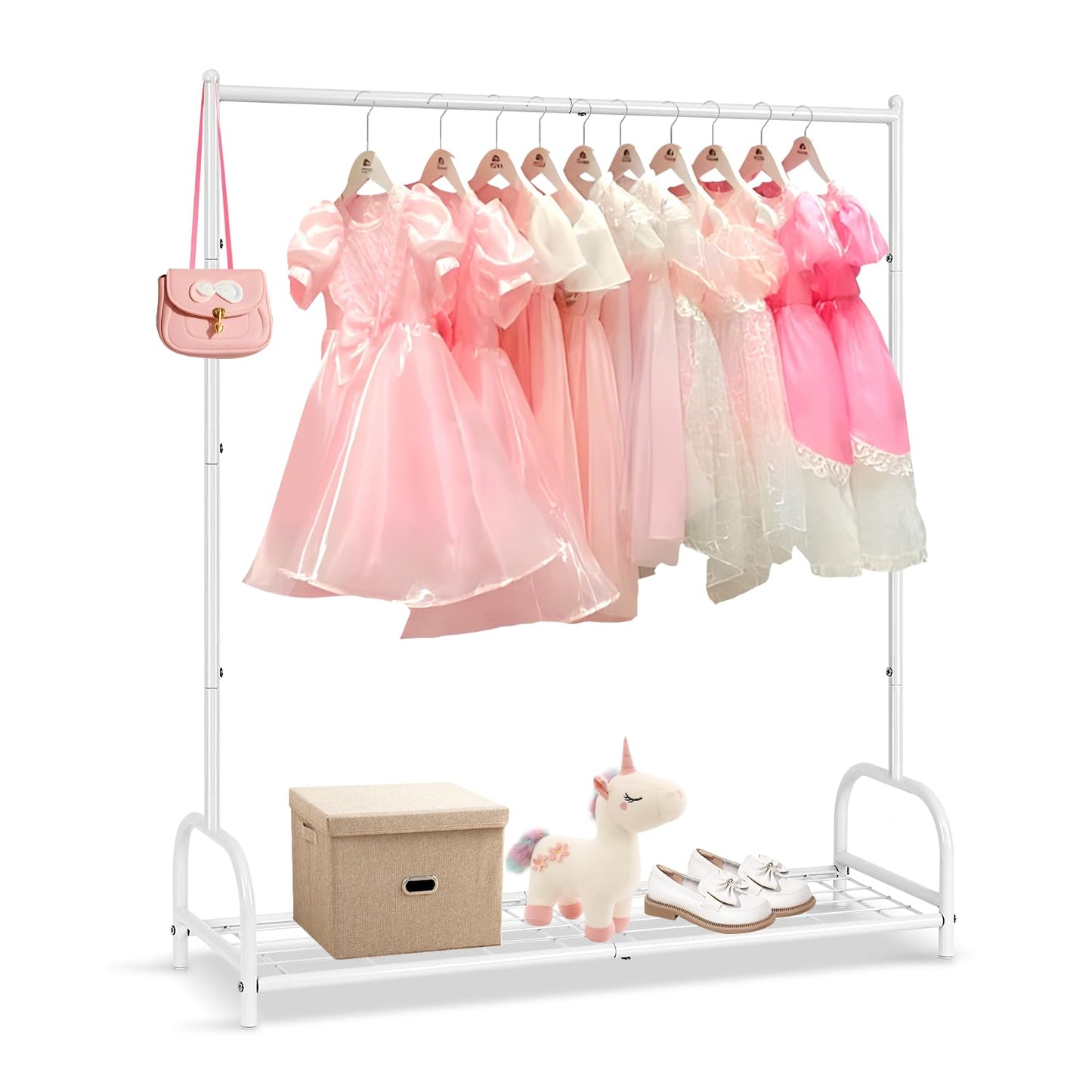 AUPSEN Kids Clothing Rack with Bottom Storage Shelf, Metal Toddler Dress Up Rack for Little Girls, Kids Dress Up Clothes Storage for Coats, Skirts, Dance Costume（White）