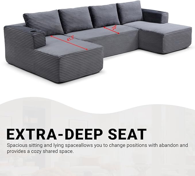 132 Inch Modular Sectional Sleeper Sofa, Boneless Cloud Couch for Living Room, U Shaped 5 Seat Sofa with 2 Cup Holders, Free Combination, No Assembly Required (Grey)