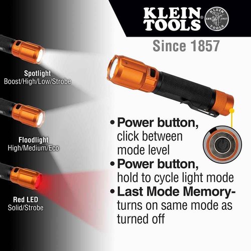 Klein Tools 56413 Rechargeable 2-Color LED Flashlight, Holster, Spotlight, Floodlight, Red LED & 32308 Multi-bit Stubby Screwdriver, Impact Rated 8-in-1 Adjustable Magnetic Tool