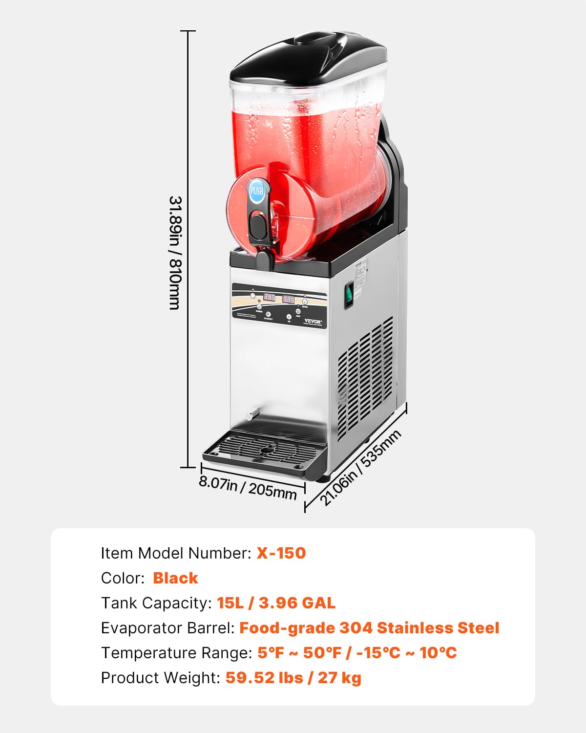 VEVOR Slushy Machine, 15L Single Tank Commercial Margarita Machine, 60 Cups Stainless Steel Margarita Smoothie Frozen Drink Machine, Slushie Machine for Home Party Restaurants Cafe Bars
