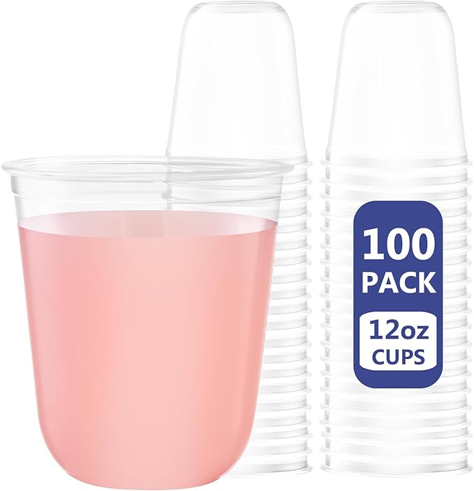 WELLIFE 12 oz Clear Plastic Cups, 100 Pcs Disposable Wine Glasses Stemless Cocktail Punch Cups for Cold Drinking Wedding P...
