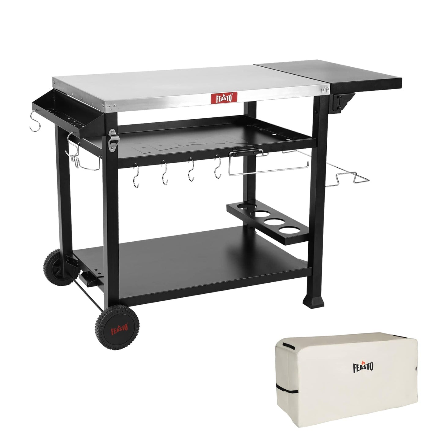 Feasto Outdoor Grill Table Cart, Pizza Oven Stand for Outdoor Indoor, 50" x 22" Stainless Steel Tabletop Dining BBQ Grill with Wheels for Food Prep, 3-Shelf Kitchen Cart with Cover