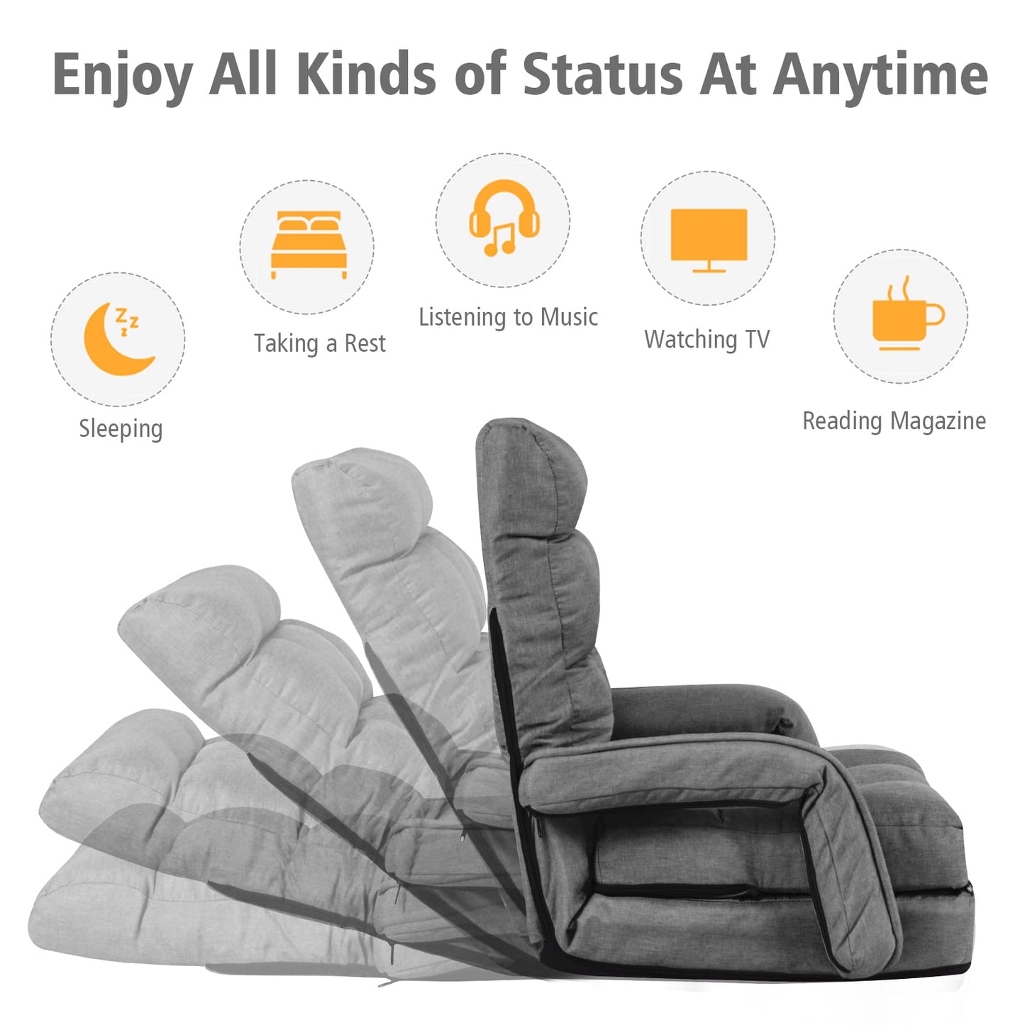 Giantex Folding Floor Chair with 6-Position Adjustable Backrest, Armrests & Removable Pillow, 330Lbs Capacity, Indoor Lazy Sofa Armchair, Chaise Lounger, Gaming Recliner for Living Room Bedroom, Grey
