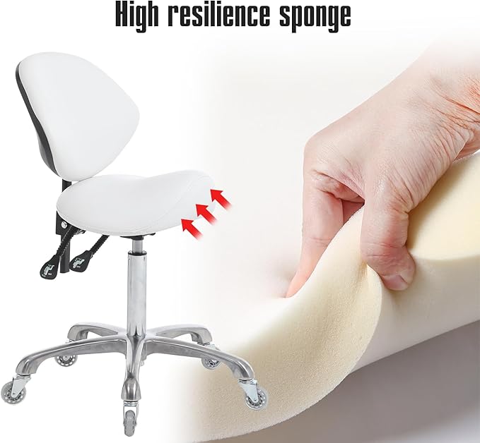 FRNIAMC Hydraulic Saddle Rolling Adjustable, Heavy-Duty (350 lbs) Stool Chair for Beauty Salon Massage Dental Clinic Home Office Use(White, Updated to Soft Wheels)