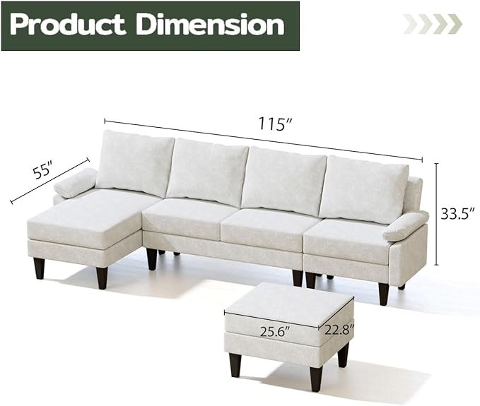 Topcomfy U-Shaped Sectional Couches for Living Room, Convertible 4 Seat Modular Sectional Sofa Set with Ottoman, Modern L Shaped Couch with Chaise for Bedroom Apartment and Office, Chenille White