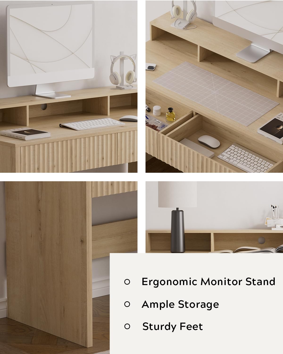 MoomJiee 47" Executive Desk with Fluted Drawer, Modern Wood Home Office Desk with Long Monitor Stand and 2 Drawers, Computer Writing Desk for Study Office Vanity, Light Oak