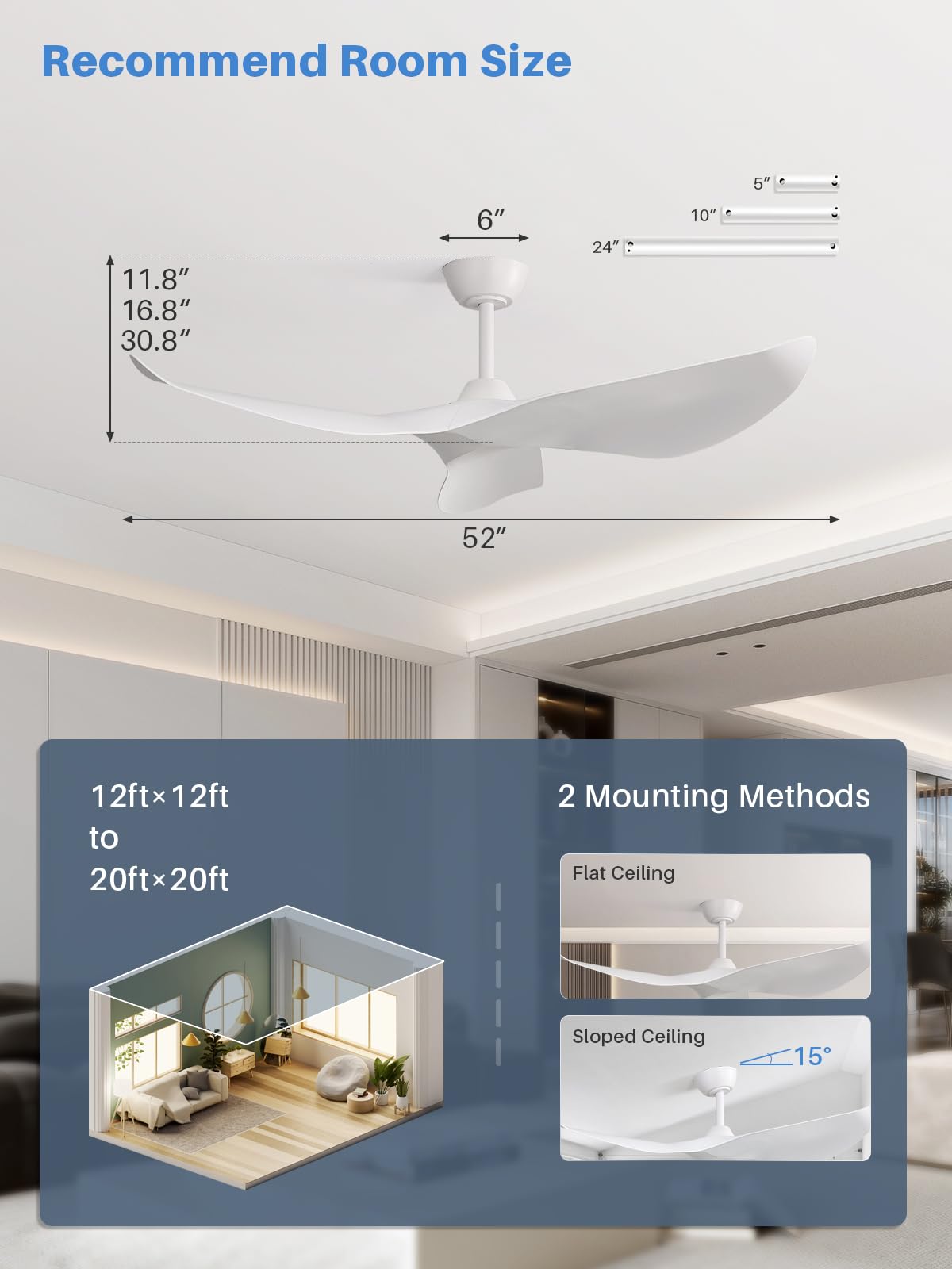 Sofucor 52 Inch Ceiling Fan No Light, Modern Ceiling Fan with Remote Control, Quiet Reversible DC Motor, 6-Speed Noiseless Indoor Ceiling Fan for Bedroom Living Room Covered Patio Porch