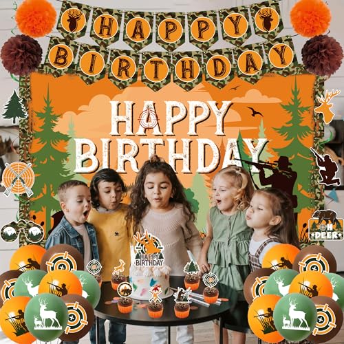Holkcog Hunting Birthday Decorations, Hunting Deer Party Decorations, Camo Camping Picnic Hunting Birthday Banner Honeycom...