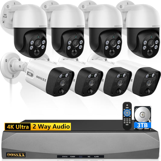 (2026 New) 4K PoE PTZ Security Camera System, 8CH NVR with 3TB HDD, 4 Bullet & 4 PTZ Cameras, Auto Tracking, 130° Wide Angle, 2-Way Audio, PIR AI Human Detection, No Monthly Fee