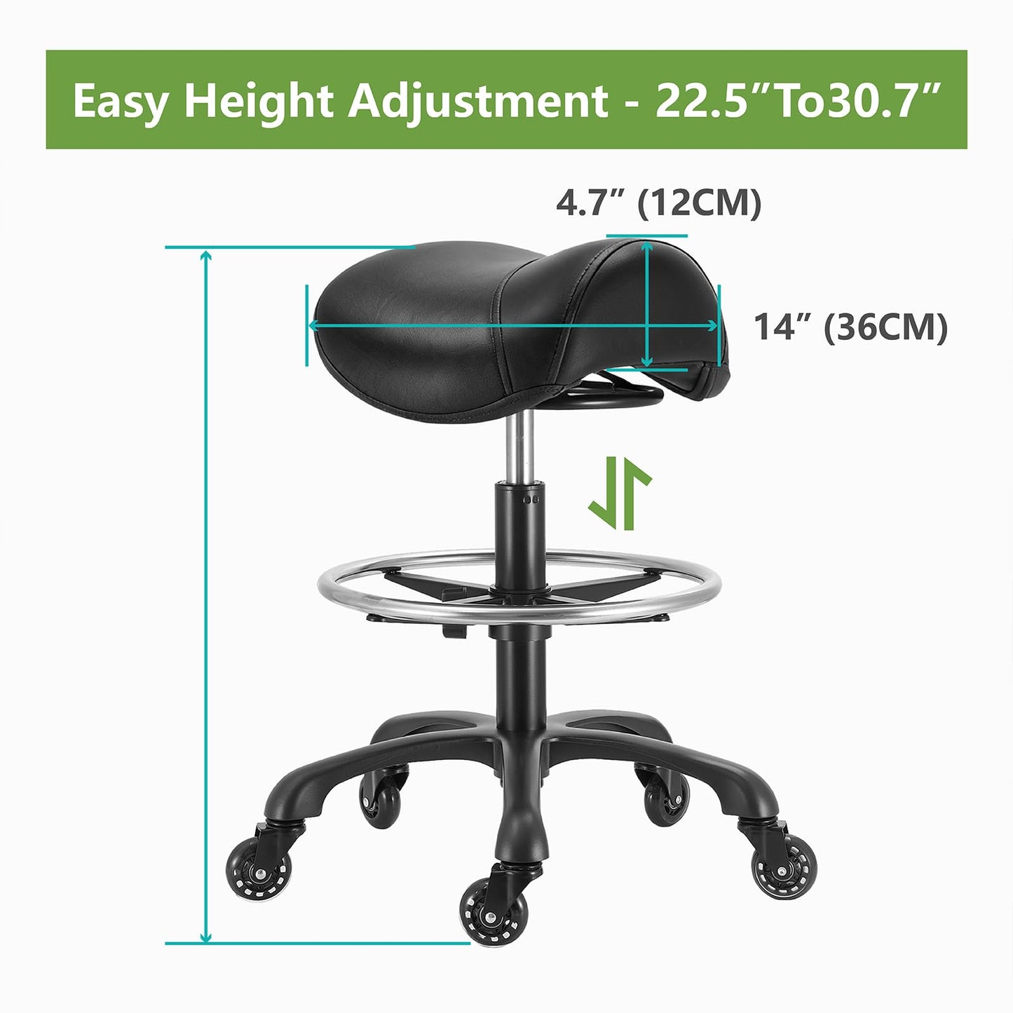 Coczeb Saddle Salon Stool with Footrest,Heavy Duty, Adjustable Height, Rolling Esthetician Chair for Tattoo Spa Medical Dentist Clinic (Black)