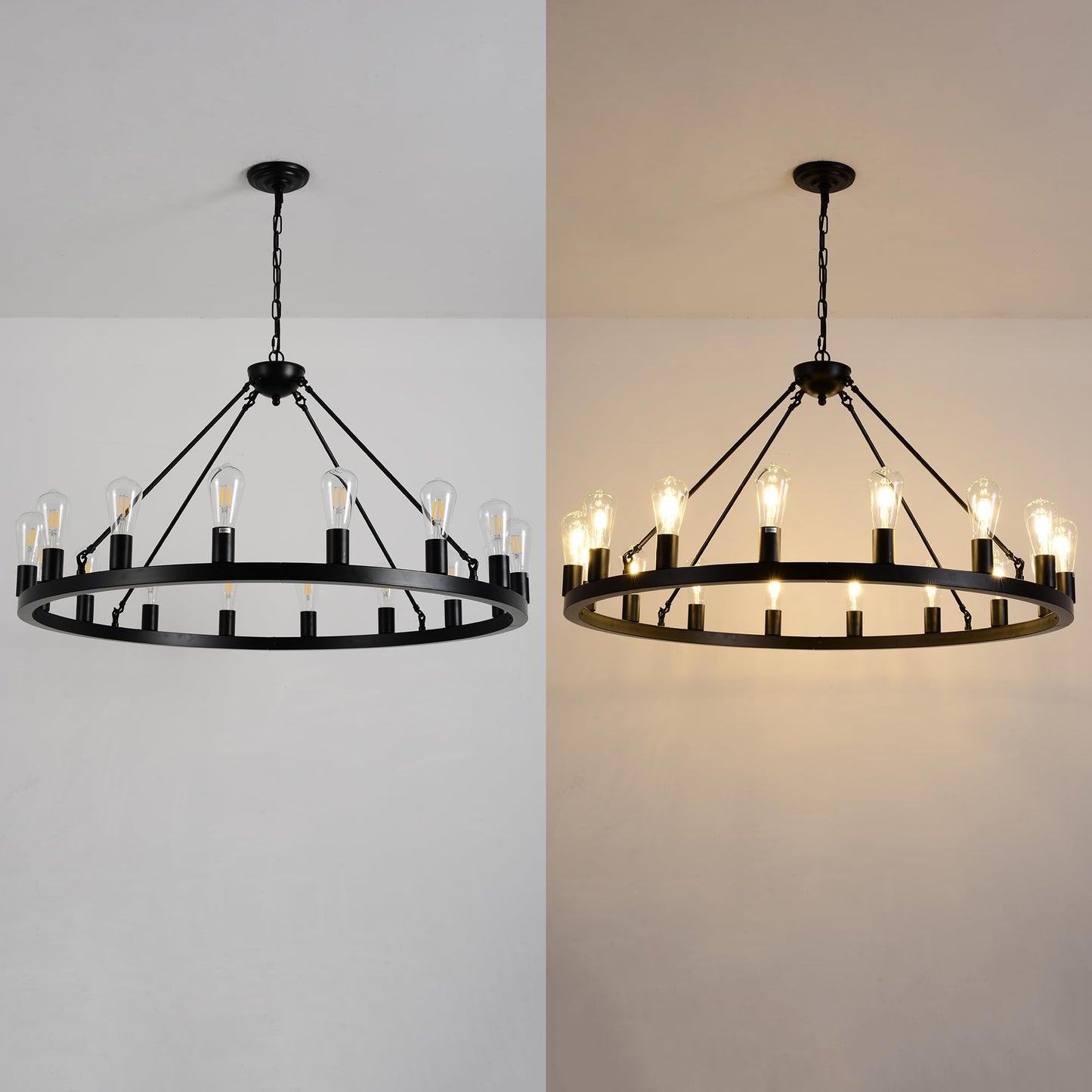 JTYP 40" Black Wagon Wheel Chandelier,E26 16-Light Large Round Rustic Farmhouse Chandelier Industrial Pendant Light Fixtures for Dining Room Living Room Kitchen Island Entryway Foyer