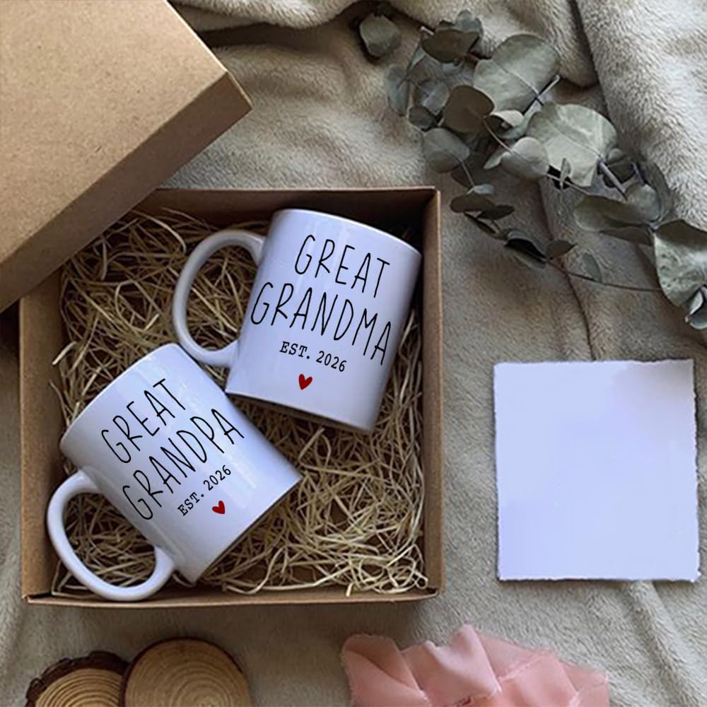 VLUG Great Grandparents EST 2026 Mugs Set, EST 2026 New Grandparents Gift, Pregnancy Announcement Pregnancy Reveal Mug, First Time Grandparents Gift (white)