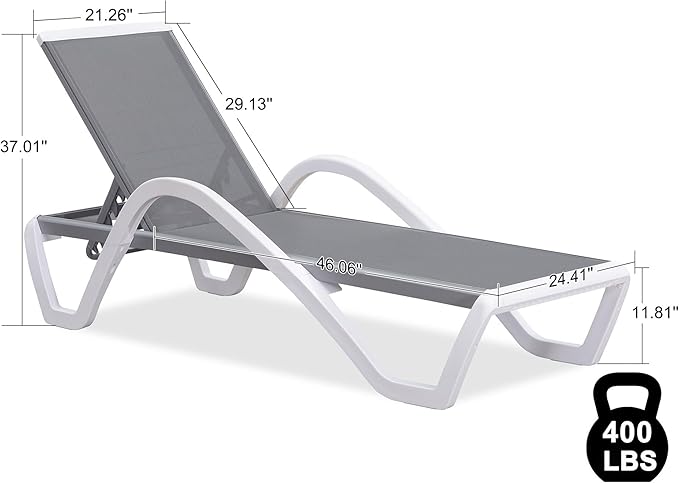 PURPLE LEAF Patio Chaise Lounge Chair Outdoor Plastic Textilene Sun Bathing Recliner Tanning Pool Lounger with 6 Adjustable Position for Outside Beach in-Pool Lawn Poolside, Grey