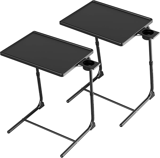 Allpop TV Tray Table, TV Dinner Tray for Eating Set of 2, Adjustable Folding Laptop Table with 6 Heights & 3 Tilt Angles, Cup Holder on Couch & Bed, Black | for Eating, Adjustable, Folding, 6 Heights, 3 Tilt Angles, Cup Holder