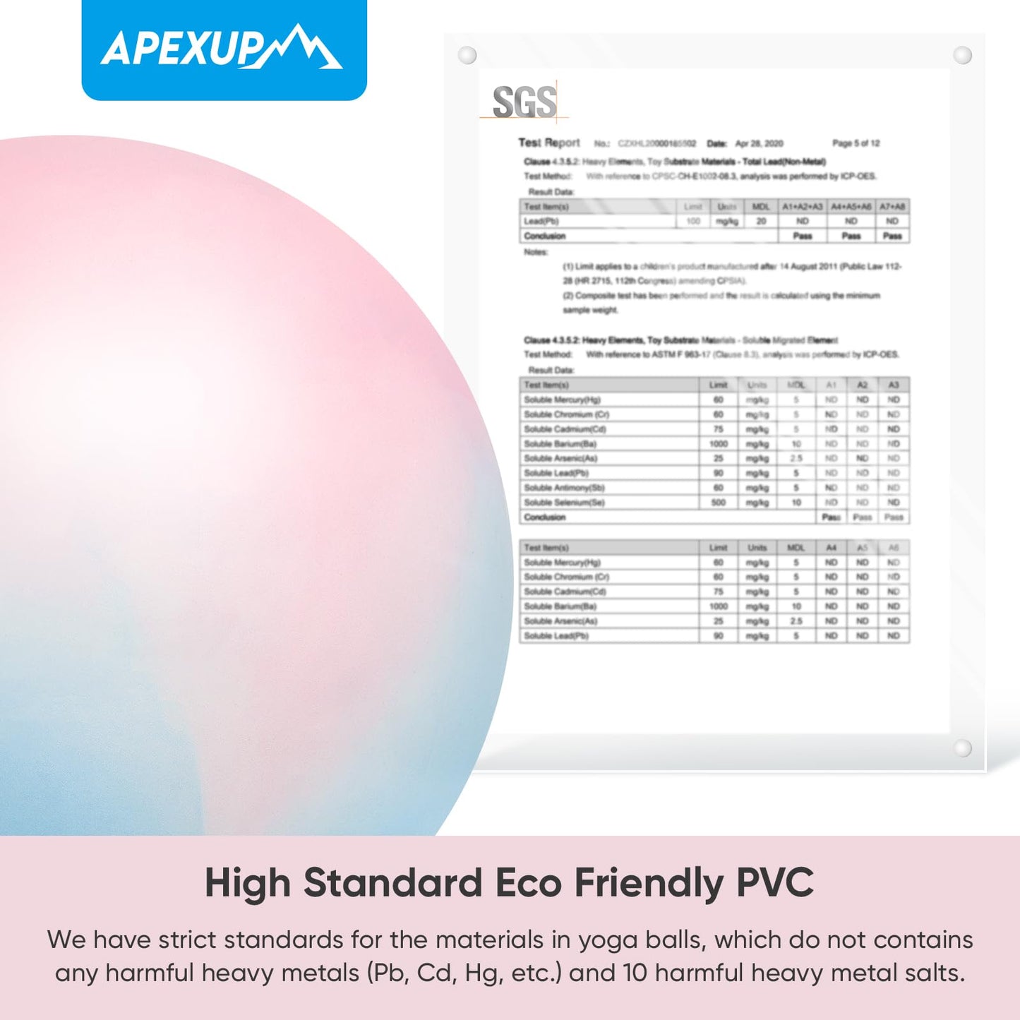 APEXUP Yoga Ball Exercise Ball, Heavy Duty Gym Ball for Fitness, Balance, Core Workout, Physical Therapy (S (15"~18") 45cm, Blue Pink)
