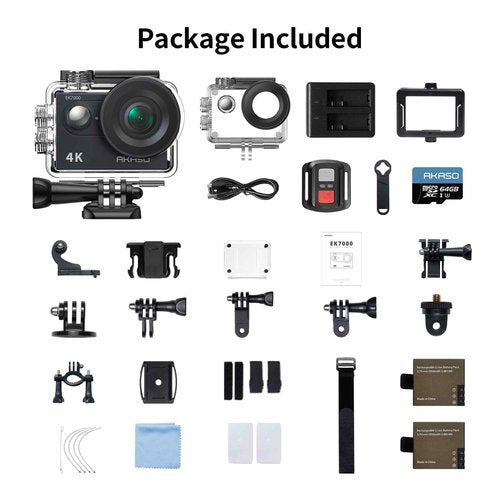 AKASO EK7000 4K30fps Action Camera with 64GB MicroSDXC U3 Memory Card 131ft Waterproof Camera with EIS 4X Zoom Remote Control Ultra HD 20MP Underwater Camera with Accessories Kit