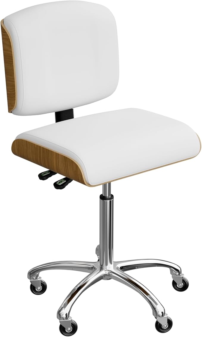 Spa Numa Bentley Beauty Esthetician Nail Salon Stool Rolling Chair with Adjustable Backrest, Flat Square Seat, Metal Bar, Vegan Leather Upholstery for Beauty Exam Office and Home - 1071 (White)