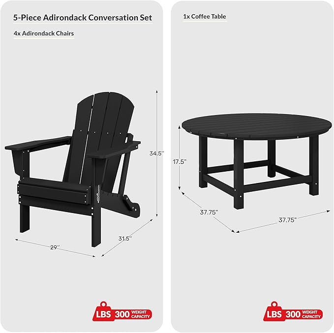 Costaelm Patio Conversation Set, 5 Piece Balcony Furniture, Small Patio Firepit Furniture Outdoor Adirondack Round Coffee Table and Chair for Backyard Lawn Porch Pool Garden, Pacific Blue
