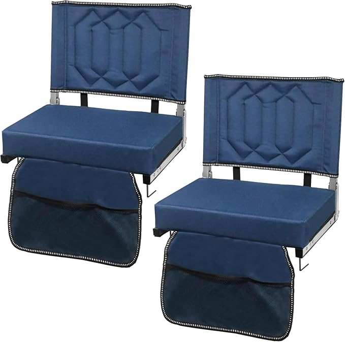 Comfortable Stadium Seats for Bleachers with Back Support & Cushioned Seat, Shoulder Strap, Carry Handle, and Storage Pockets, Perfect for Sports, Concerts, Camping & Outdoor Events, 2pack, Blue