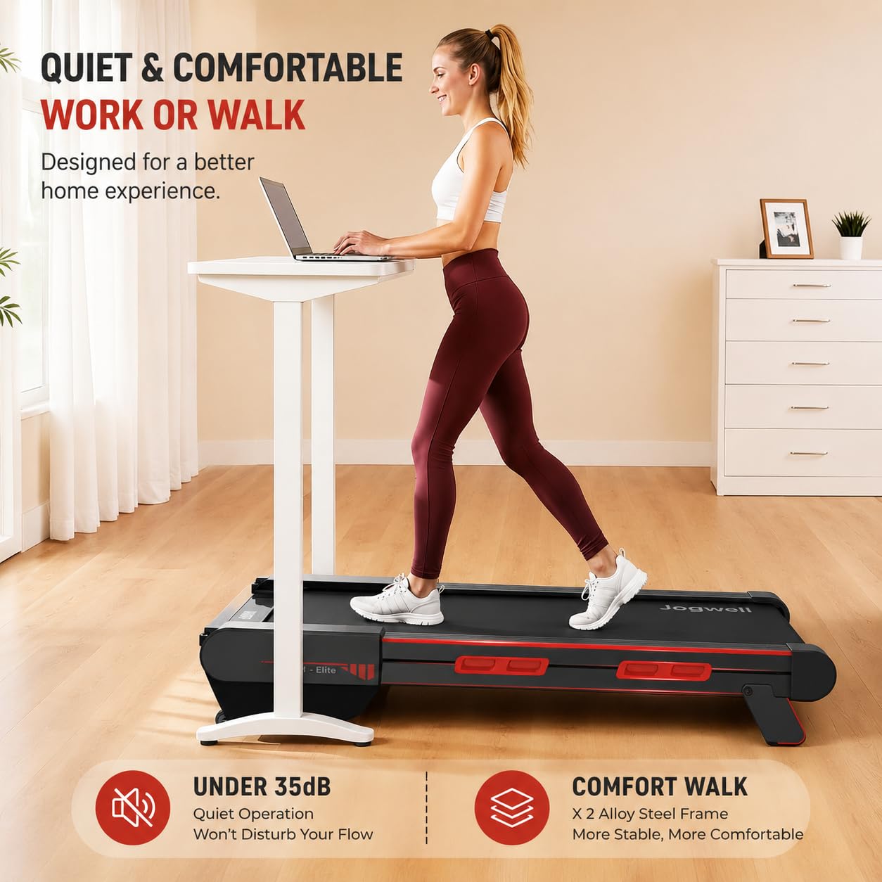 Jogwell Walking Pad Treadmill with 15% Auto Incline, 3.0HP Quiet Brushless - Under Desk Portable Treadmill for Home Office, Full Deck Design, 350lbs Capacity, Vertical Storage, App, Grey, Standard