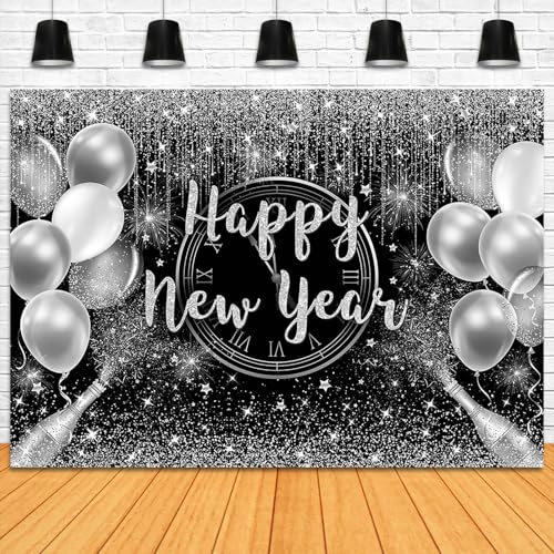 Fitumiw Happy New Year Backdrop 7x5ft Black and Silver Glitter Cheers to The New Year Party Decorations Background 2026 Ne...