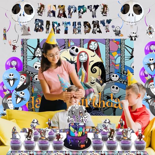 Favuit Birthday Decorations, Nightmare Christmas Party Supplies Halloween Birthday Party Decorations Set Includes Banner B...