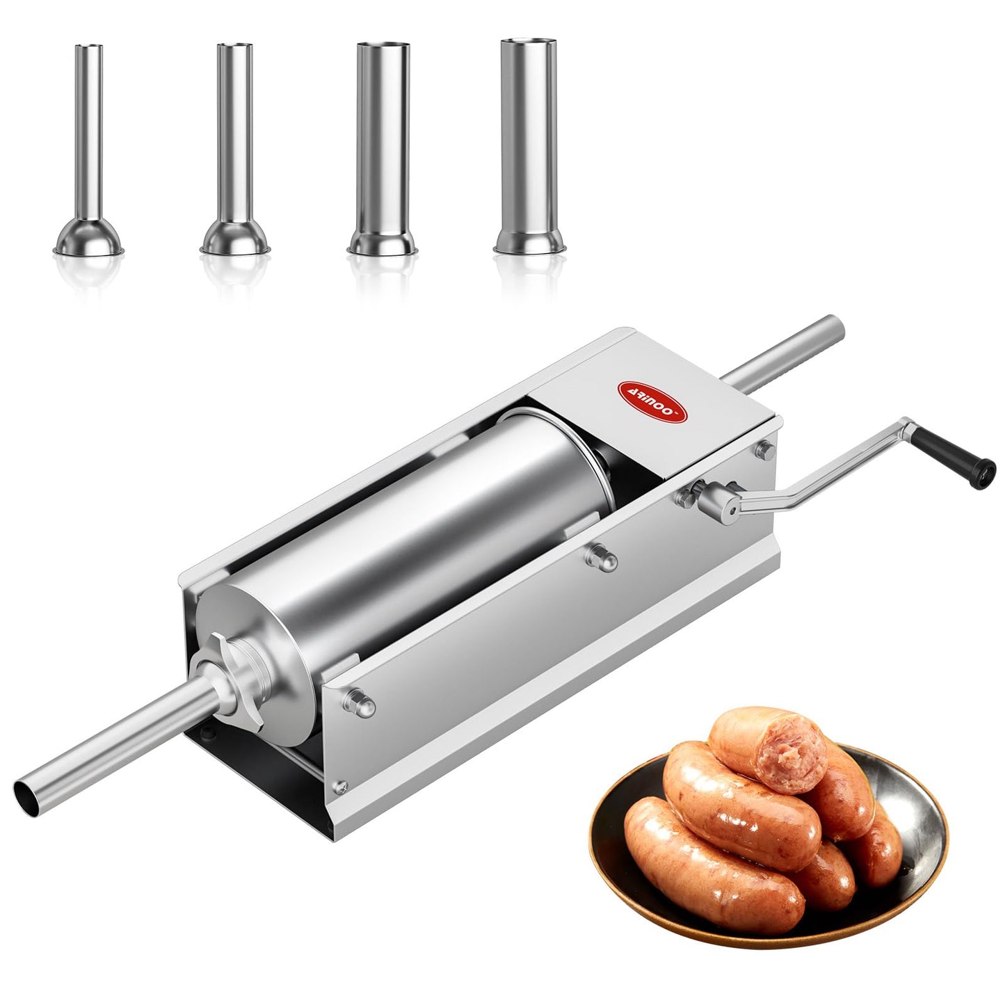 ARINOO Horizontal Sausage Stuffer 5L / 11LBS,Manual Sausage Stuffer Machine,Stainless Steel Dual-Speed Sausage Maker with 4 Stuffing Tubes for Home & Commercial Use