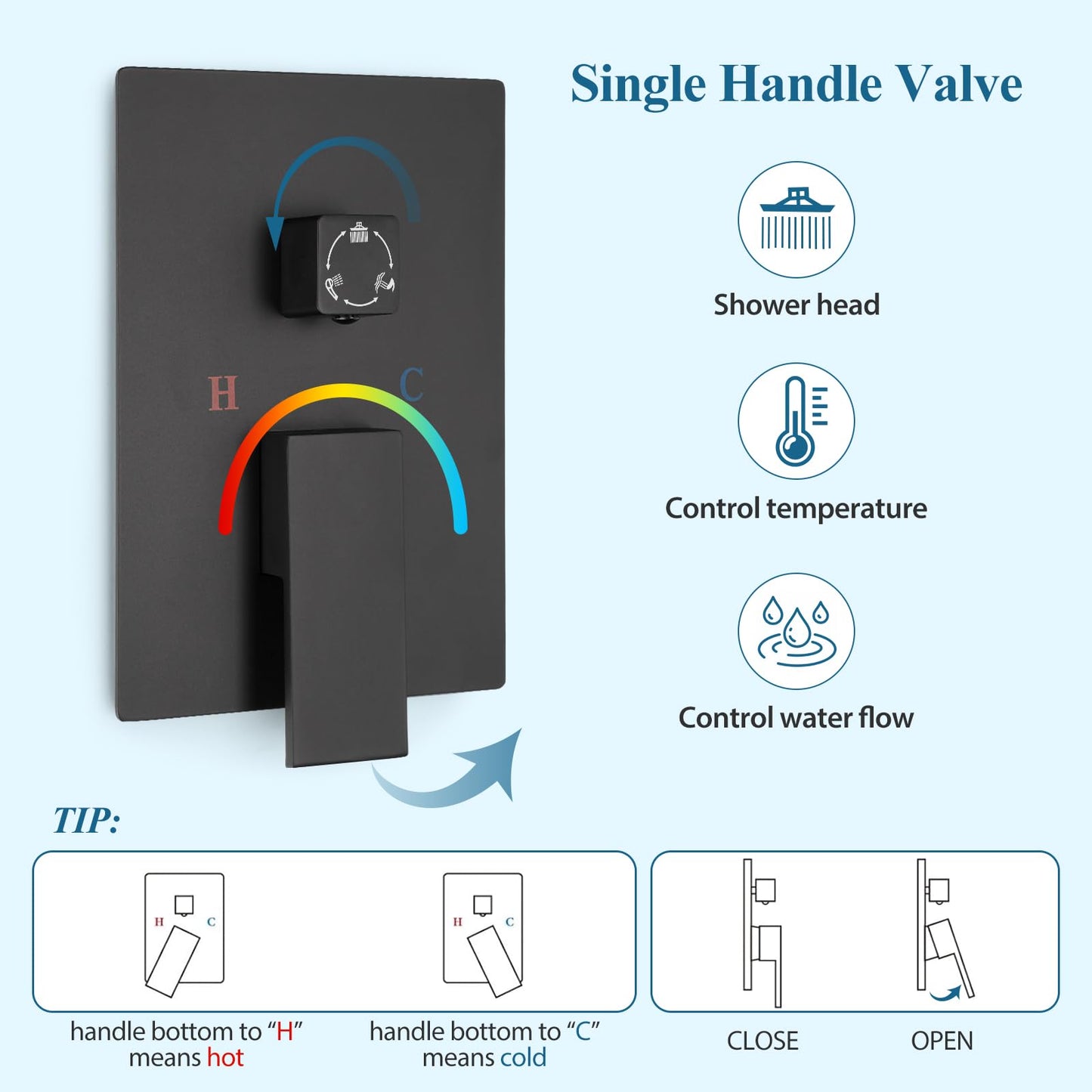 12 inch Square Shower Head and Handheld Set, Gasecoet Shower System with Tub Spout Wall Mounted Shower Faucet for Bathroom - Matte Black (With Shower Valve)