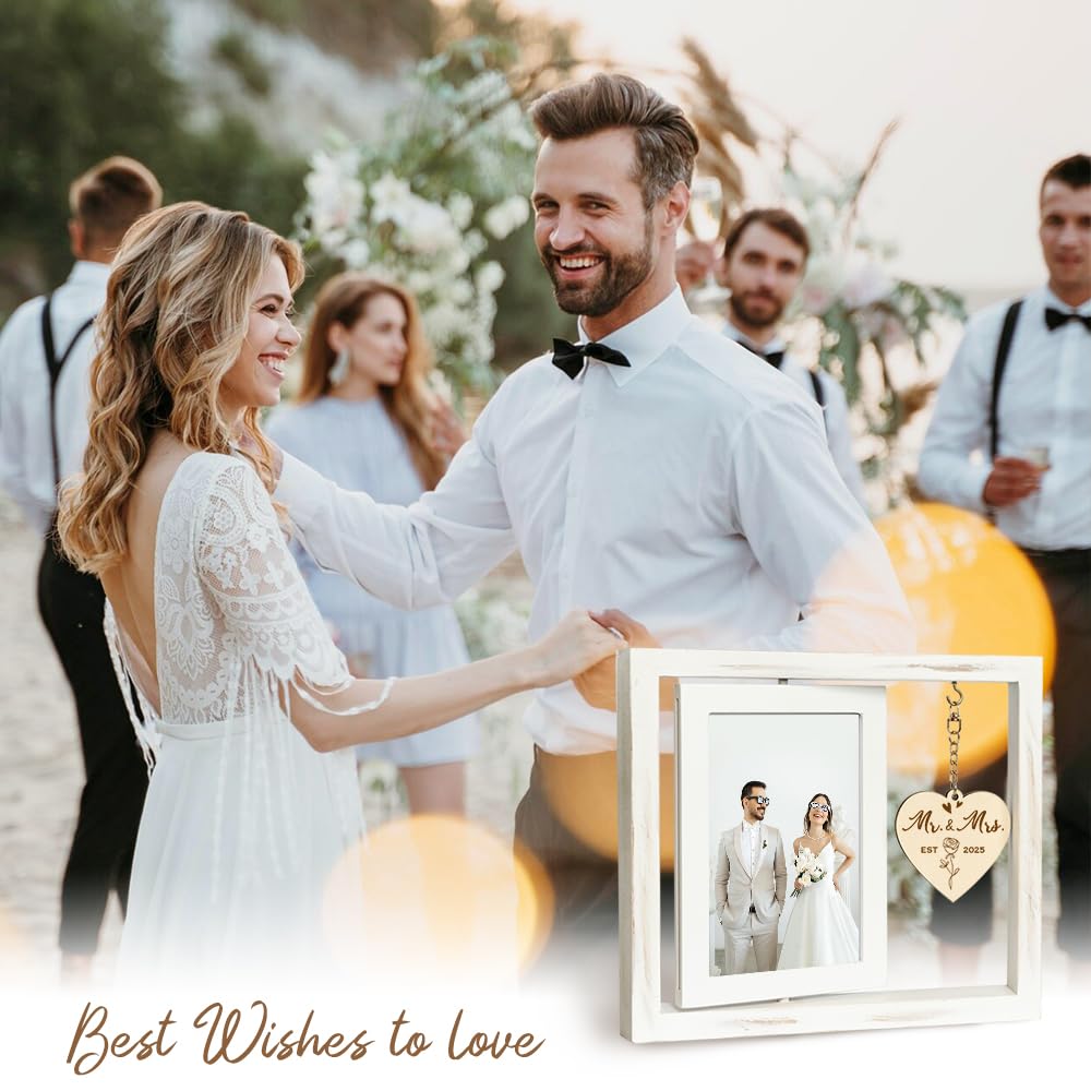 TiTkaiVi Rotating Wedding EST 2025 Picture Frame 4x6, Mr & Mrs Gifts, Bridal Shower & Engagement Gifts for Couples & Newlyweds
