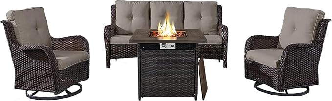 Belord Outdoor Patio Furniture Set with 50000BTU Propane Fire Pit Table, 4 Pieces Wicker Patio Conversation Set with 2 Swivel Rocker Glider Chairs Rattan Sofa Grey Cushion Perfect for Gathering