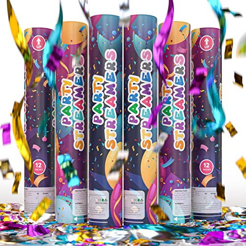 No Mess Streamer Confetti Cannon Party Poppers | 6 Pack | Multicolor Streamers | Glitter Bomb Confetti Shooters | Decorati...