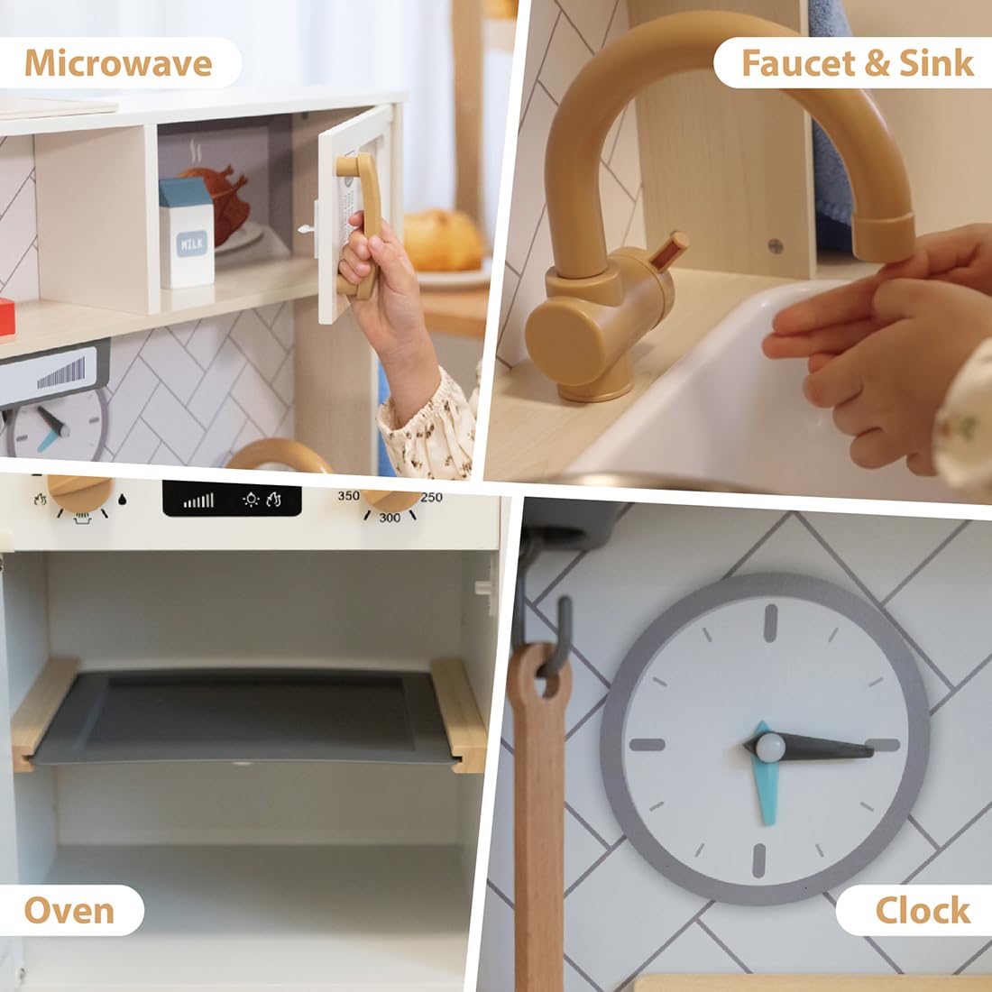Freniland Wooden Play Kitchen, Kitchen Playset for Kids with Realistic Stove, Range Hood, Oven, Ice Maker, Microwave, Sink, with Light & Sound, 18 Accessories, Pretend Toy Kitchen, Gift for Ages 3+