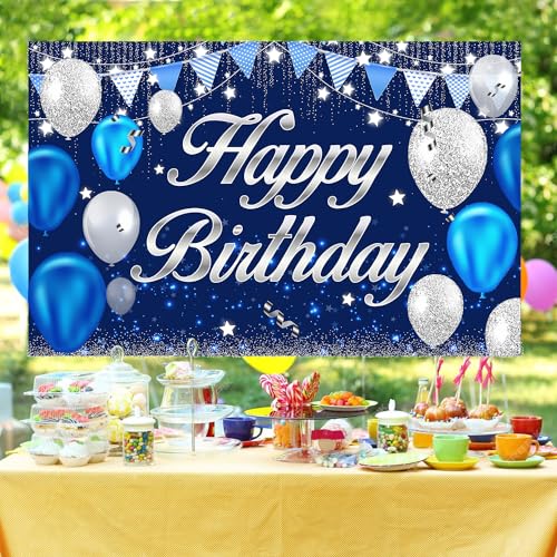 MDCGFOD Happy Birthday Banner - Birthday Decorations for Men Women Boys Girls Blue Sliver Birthday Party Banners Welcome H...