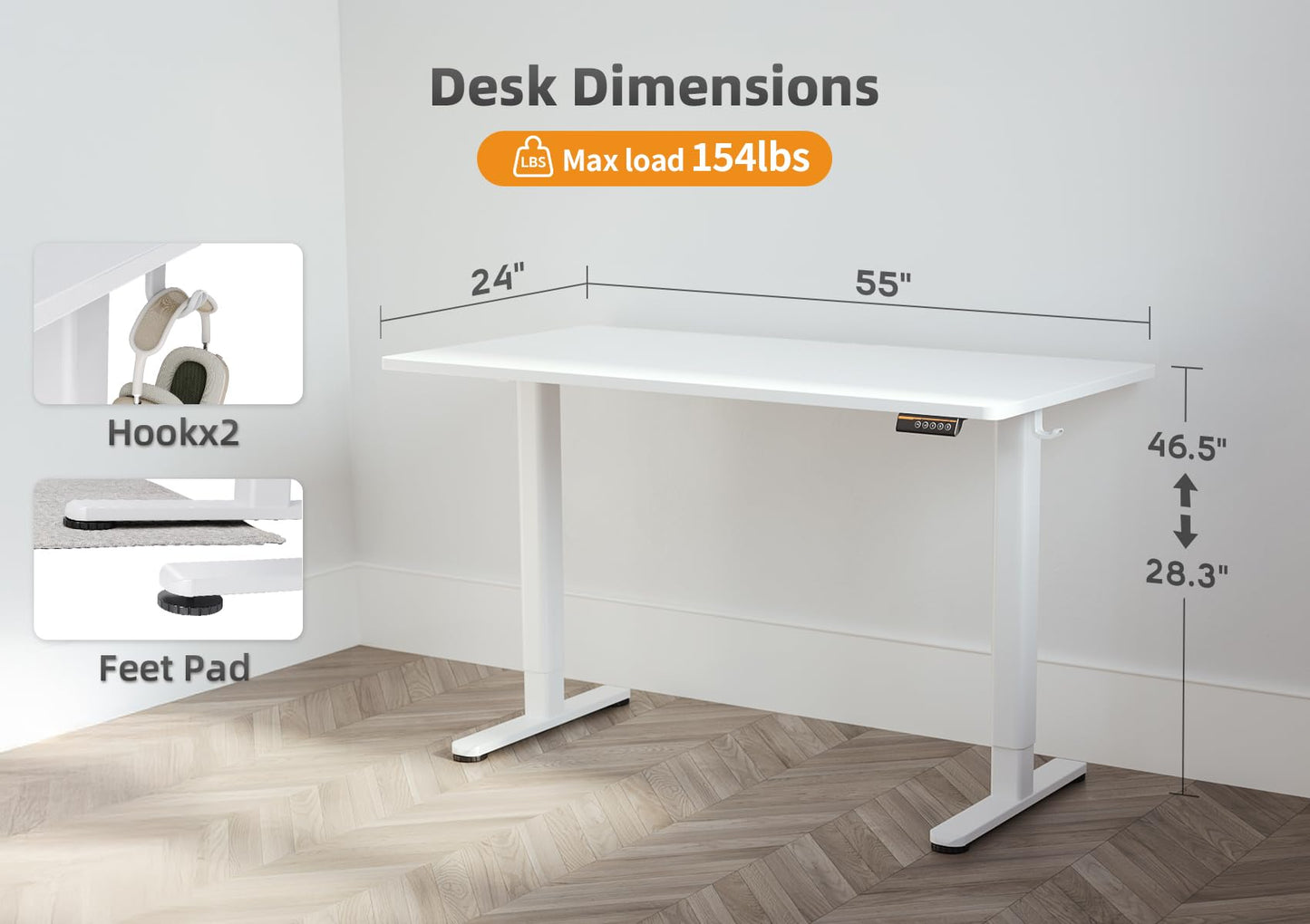 Seang Standing Desk with Adjustable Height, Electric Stand Up Desk 55x24 Inch for Home Office, Studio, Computer Workstation, White