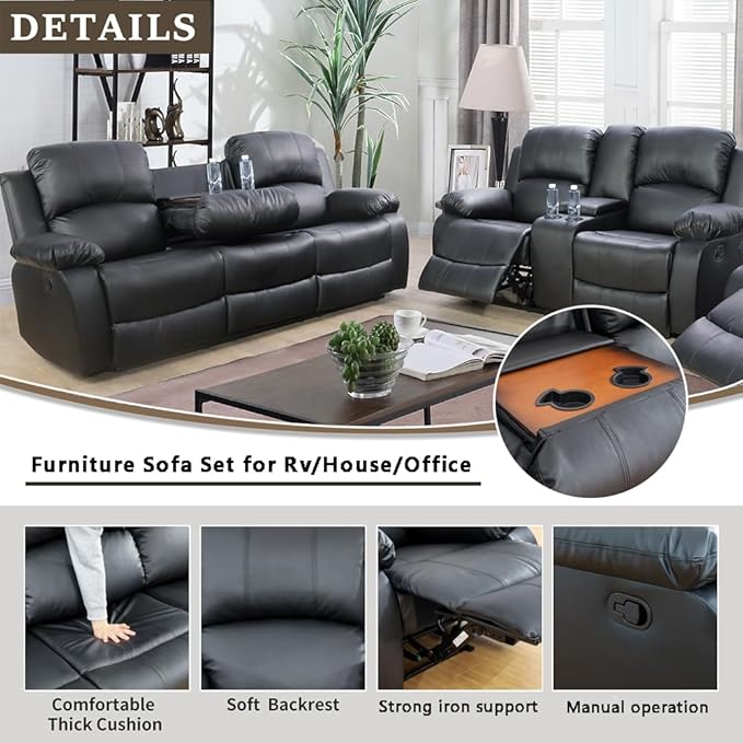 A Ainehome Living Room Furniture Set Leather Recliner Sofa Set Loveseat Chair Furniture Sofa Set for Living Room/Small Space/Rv/House/Office/Theater Seating (A-Black Leather, Sofa+Loveseat)