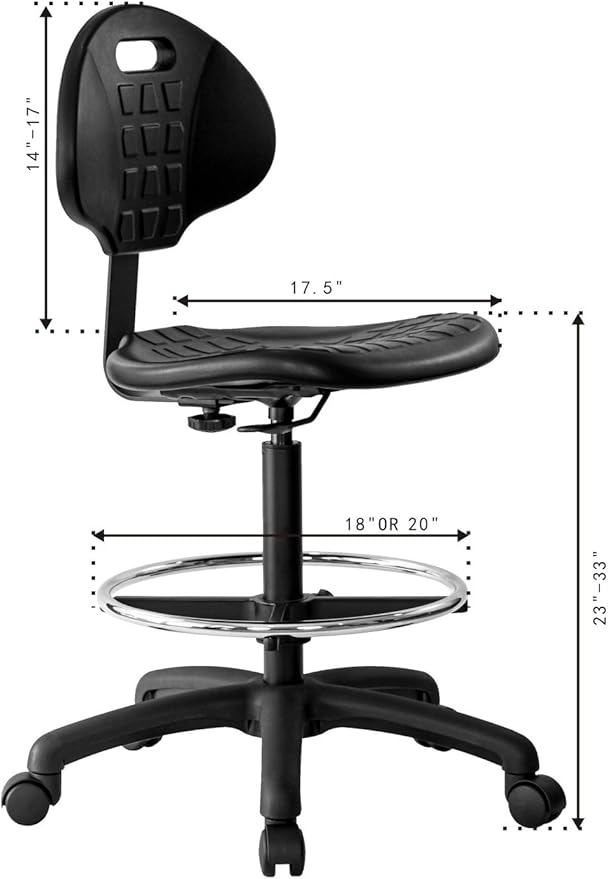 CHAIR MASTER -Heavy Duty Ergonomic Drafting Stool Black-EASY TO CLEAN-Largest (20") Adj. Footring and Base (26") in the market. Seat Ht Range (23"-33"). for Home, Auto, Lab, Cleanroom-Standard Casters