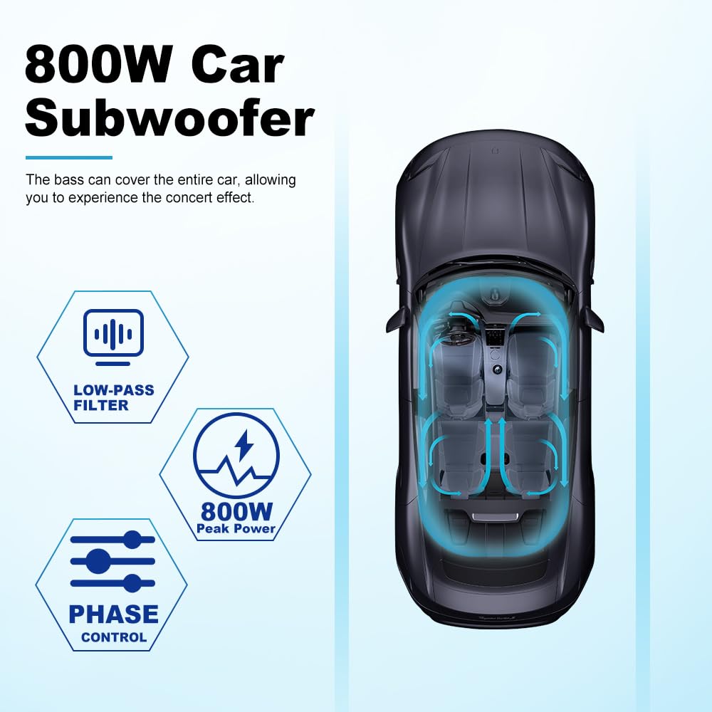 10 Inch 800W Slim Under Seat Car Subwoofer With Built-In Amplifier | High/Low Level Inputs | Remote Bass Control | For Car & Tru