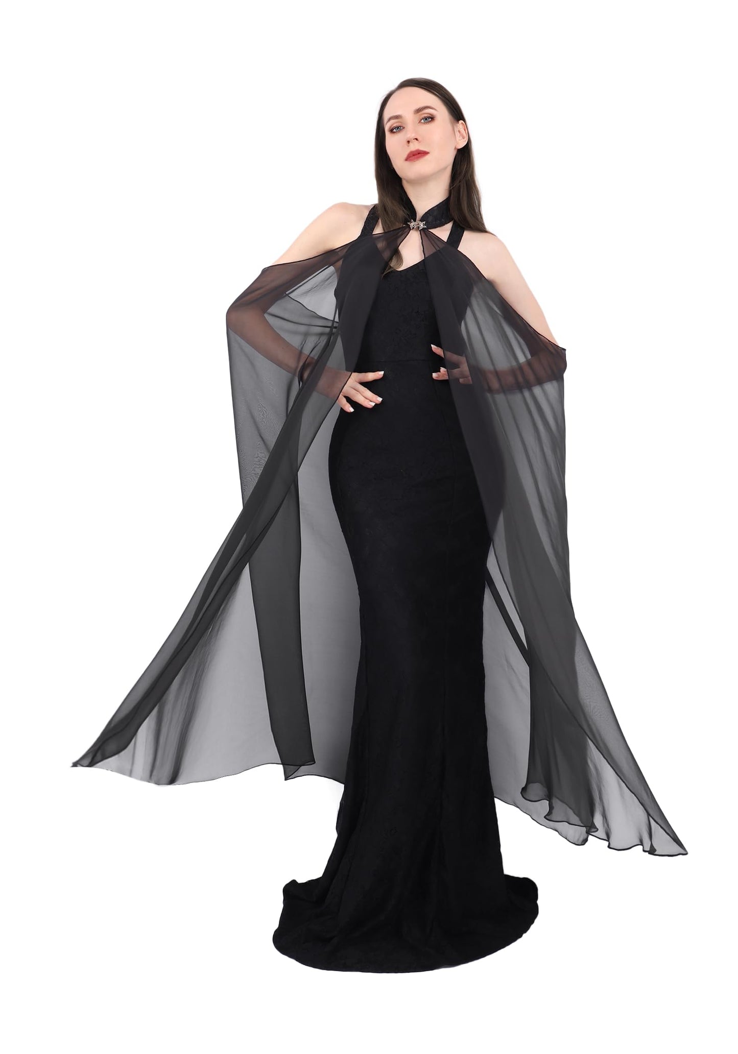 KUOIN Women's Chiffon Sheer Cape Gothic Tulle Cloak Halloween Wedding Bridal Collared Shawls Full-Length 130CM