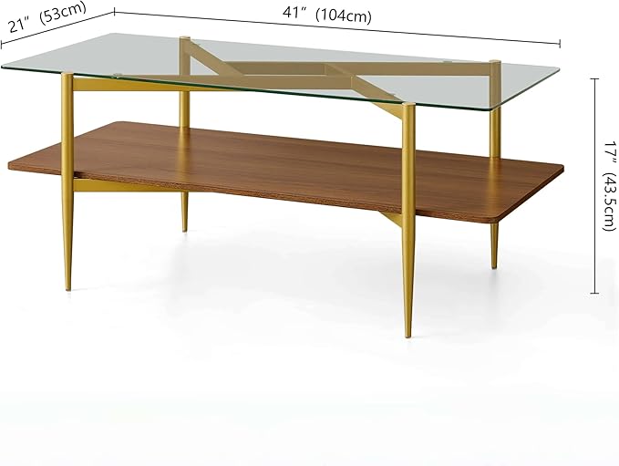 Pine Flicker Rectangle Coffee Table, Mid-Century Modern Design, L41*W21*H17 inch, for Living Room, Clear Glass Top and Walnut Finish Wood Shelf, Conical Metal Legs with Gold Finish