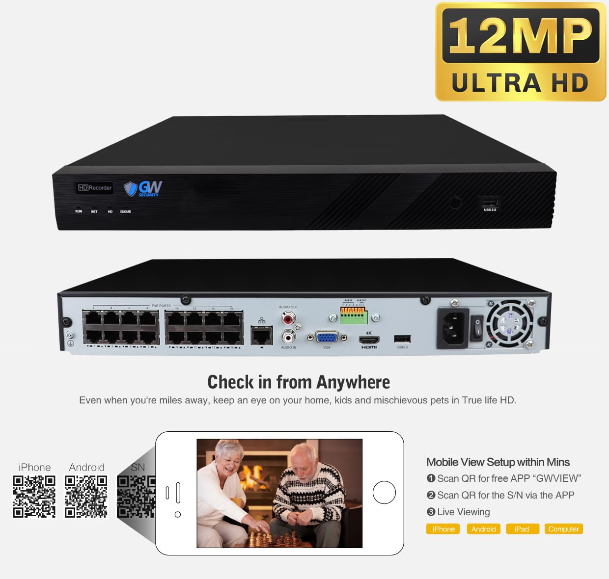 GW Security 16 Channel UltraHD 12MP 4K @ 30FPS Realtime 3X Motorized Zoom PoE Security Camera System with 8 x 12MP Face Recognition Full-Time Color Night Vision Outdoor/Indoor Smart AI Bullet Cameras