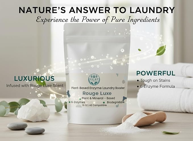 Enzyme Laundry Booster Powder - Rouge Luxe | Plant-Based, 6-Enzyme Blend for Maximum Stain & Odor Removal | Biodegradable, Boosts Detergent in All Water Temperature, HE Compatible, 16 Oz