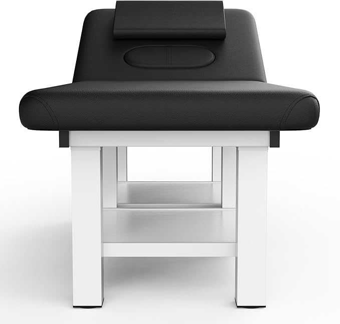 pouseayar Metal Frame Wide Stationary Massage Table for Treatment Table Physical Therapy Table Spa Facial Bed, PU Leather 31.5'' Wide 75'' Long (Black, Segmented Structure)